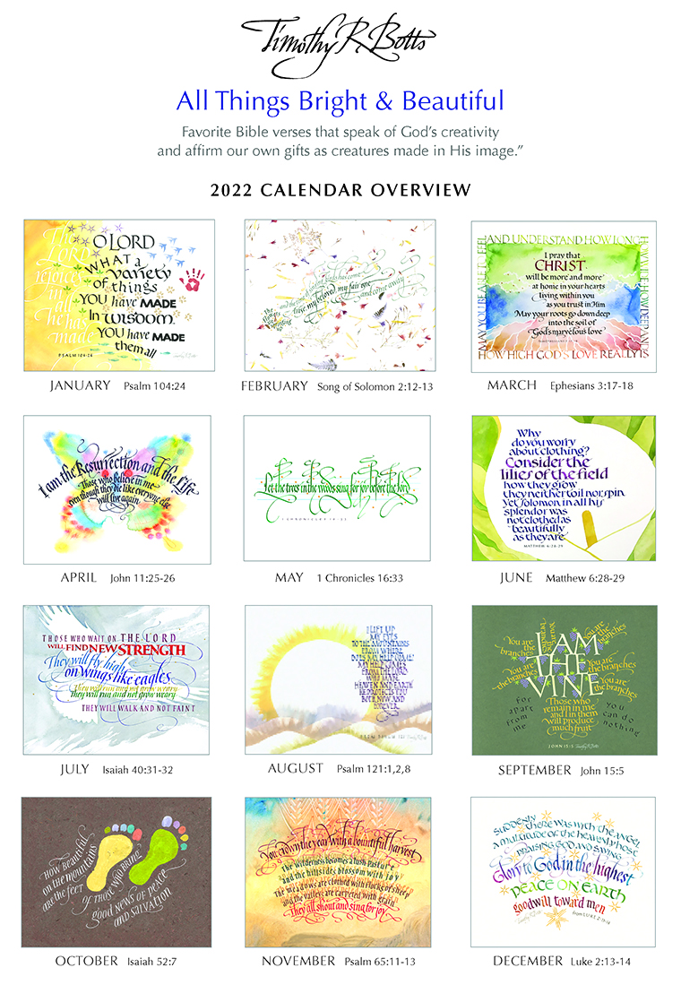 All Things Bright & Beautiful - Celebrating the Wonders of Gods Creation - 2022 Calendar with calligraphy by Tim Botts - available at www.Eyekons.com